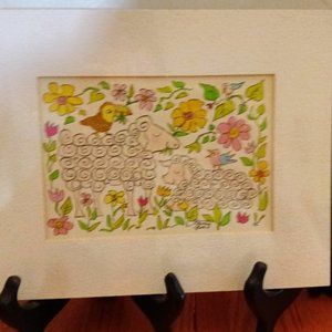 Nancy Gloh Handpainted Print -Flowers, Toucan? and Two Rams